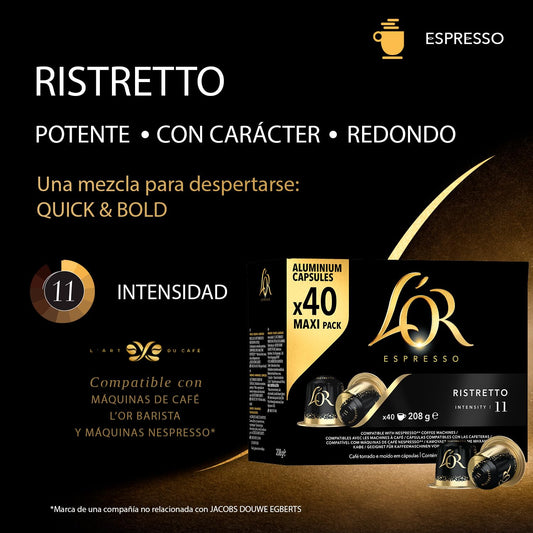 L'OR Espresso Ristretto Coffee Pods x40 Intensity 11 (Pack of 1, Total 40 Capsules)
