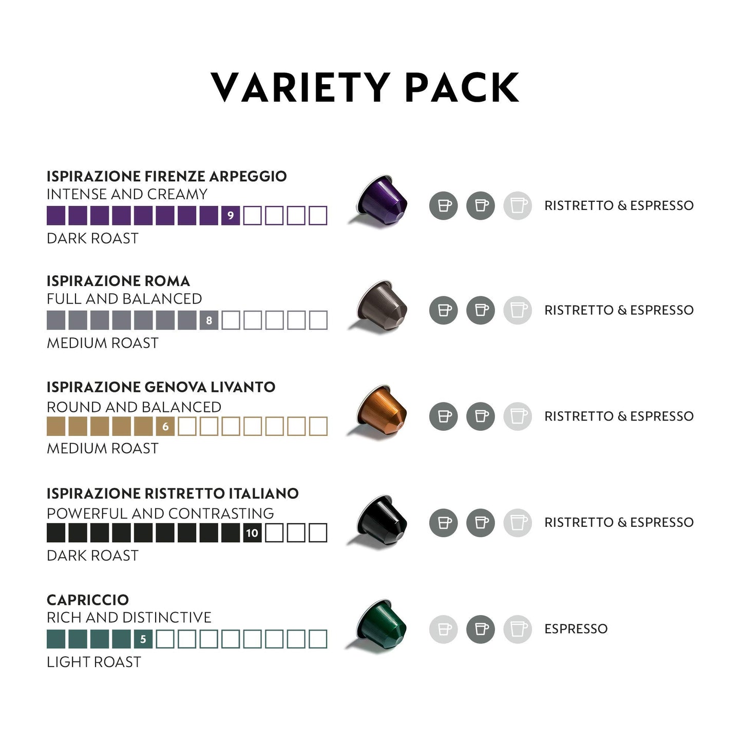 Nespresso Original Coffee Pods, 50 Mixed Pack - 10 Arpeggio, 10 Ristretto, 10 Capriccio, 10 Roma, 10 Livanto Capsules for Nespresso Machines. Make Espressos, Cappuccino and Macchiato. Recyclable Pods