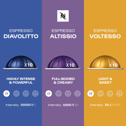 Nespresso Vertuo Coffee Pods Espresso Variety Pack - 30 Capsules (3 sleeves) Includes 10 Altissio, 10 Diavolto, 10 Voltesso Pods