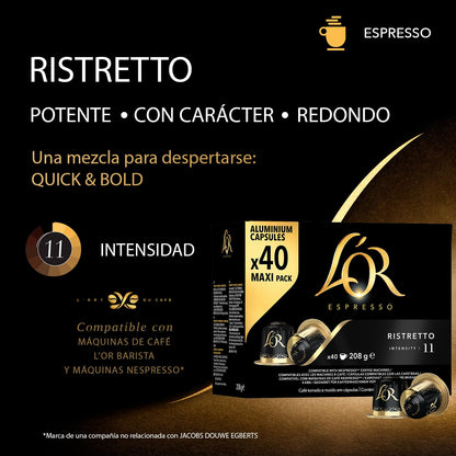 L'OR Espresso Ristretto Coffee Pods x40 Intensity 11 (Pack of 1, Total 40 Capsules)