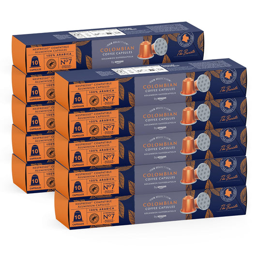 by Amazon Colombian Coffee Nespresso Compatible Aluminium Pods, Medium Roast, 100 Count, (10 Packs of 10) - Rainforest Alliance Certified